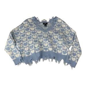 Just Polly women's size XL Blue White heart patchwork checkers Knit Sweater dist